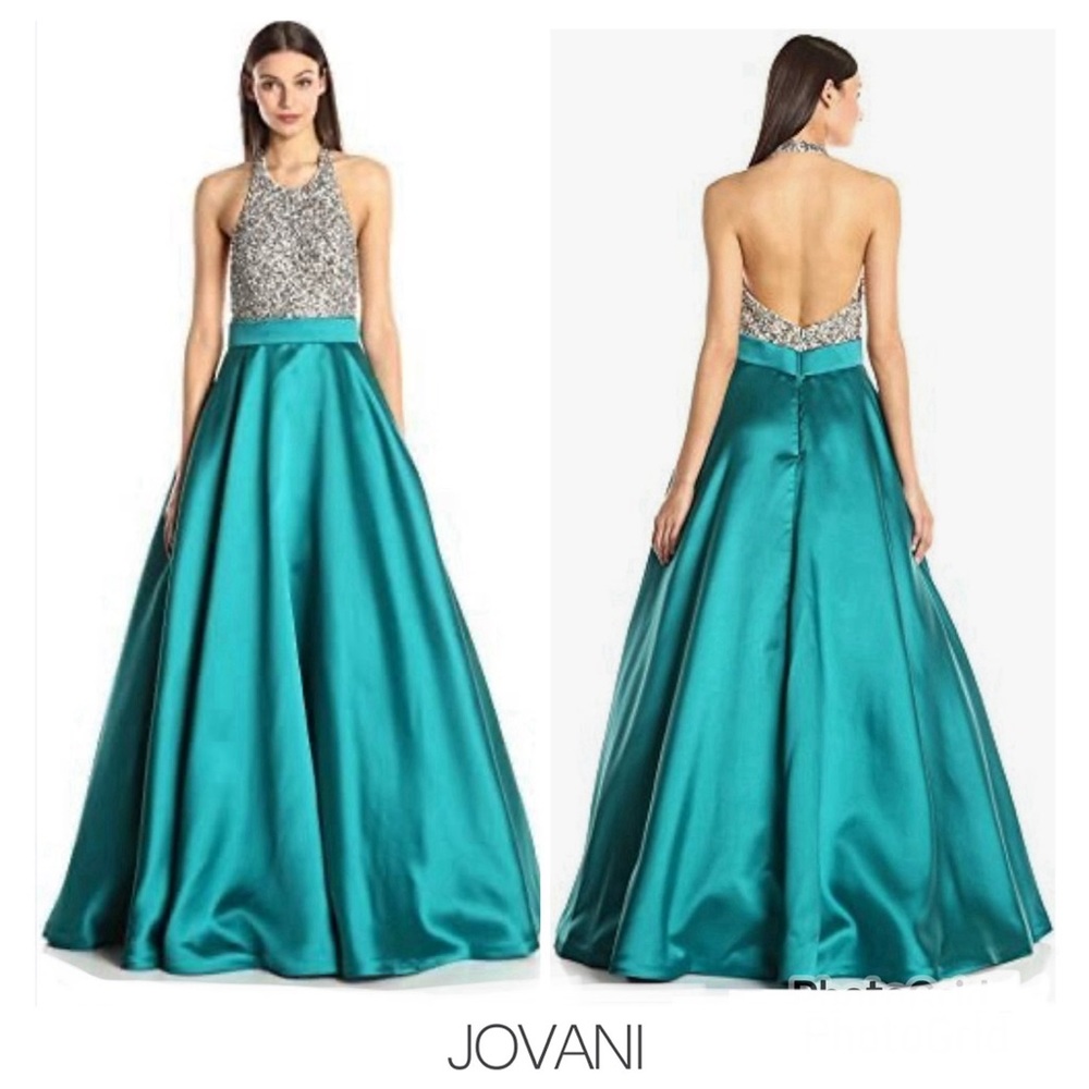 JOVANI Teal Beaded Sequins Halter Wedding Ball Gown Formal Evening Dress Sz 8